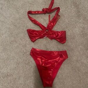 iHeartRaves Shiny Red Ring Halter Bikini Set